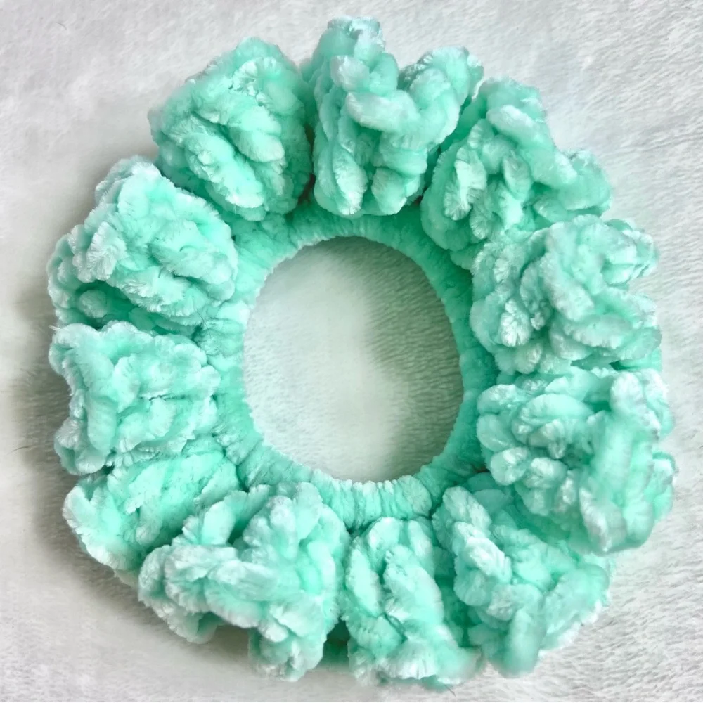 Handmade VELVET Crochet Hair Scrunchie Mint Green Soft Hair Tie PinkRainCloud